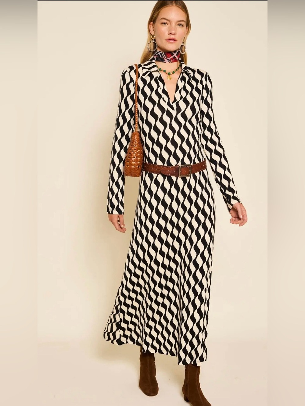 RIXO Tillie Mono Wave Jersey Midi Dress XS